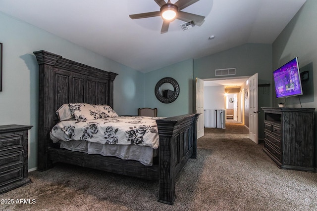 13709 W Rovey Ave, Litchfield Park, AZ 85340 - carpeted bedroom featuring lofted ceiling, baseboards, and ceiling fan