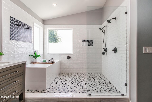 13709 W Rovey Ave, Litchfield Park, AZ 85340 - full bath featuring lofted ceiling, tiled shower, a bath, vanity, and recessed lighting