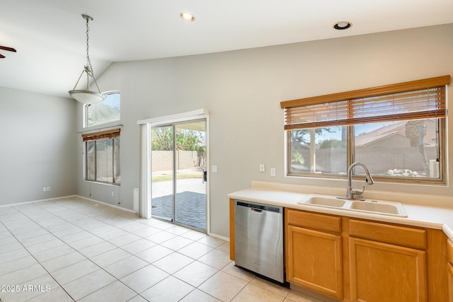 1037 E Baylor Ln, Gilbert, AZ 85296 - kitchen with stainless steel dishwasher, lofted ceiling, light tile patterned floors, light countertops, and a ceiling fan