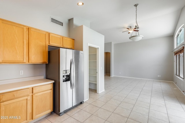 1037 E Baylor Ln, Gilbert, AZ 85296 - kitchen featuring stainless steel refrigerator with ice dispenser, light tile patterned flooring, light countertops, light brown cabinets, and recessed lighting