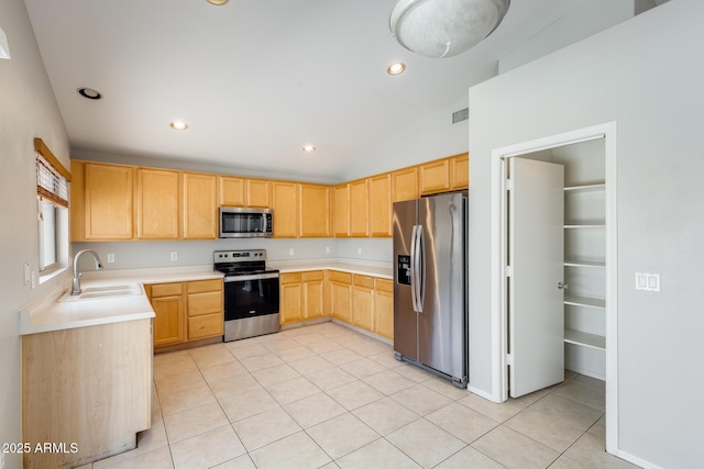 1037 E Baylor Ln, Gilbert, AZ 85296 - kitchen with appliances with stainless steel finishes, light brown cabinetry, light countertops, light tile patterned floors, and recessed lighting