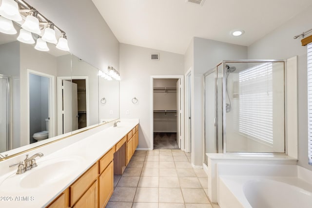 1037 E Baylor Ln, Gilbert, AZ 85296 - full bath with a shower stall, a spacious closet, double vanity, tile patterned floors, and lofted ceiling
