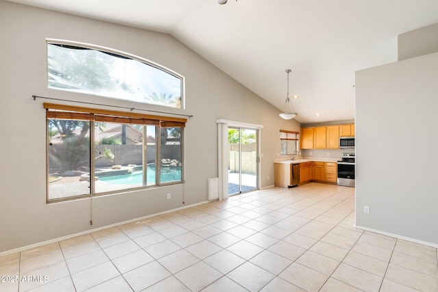 1037 E Baylor Ln, Gilbert, AZ 85296 - kitchen with stainless steel appliances, light countertops, high vaulted ceiling, light tile patterned floors, and light brown cabinets