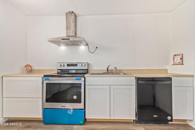 kitchen featuring electric stove, dishwasher, wood-type flooring, wall chimney range hood, and sink