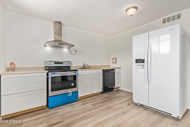 kitchen with wall chimney exhaust hood, black dishwasher, white fridge with ice dispenser, light wood-type flooring, and electric stove