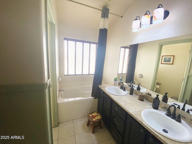 4805 E Kachina Trl Unit 25, Phoenix, AZ 85044 - full bathroom with a garden tub, double vanity, tile patterned floors, and a towering ceiling