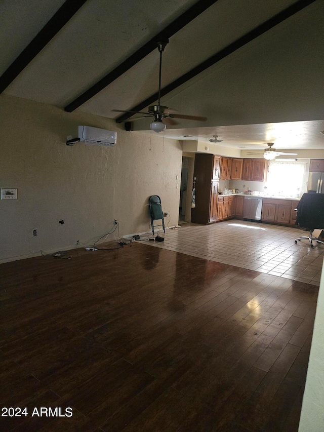 unfurnished living room featuring vaulted ceiling with beams, light wood-type flooring, and ceiling fan