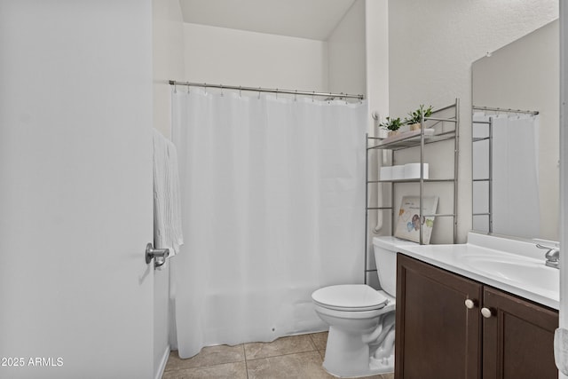 full bath featuring toilet, shower / bath combination with curtain, tile patterned flooring, and vanity