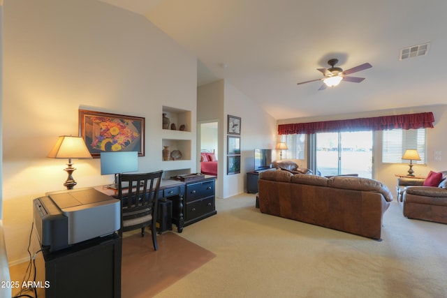 living room with ceiling fan, built in features, light carpet, and vaulted ceiling