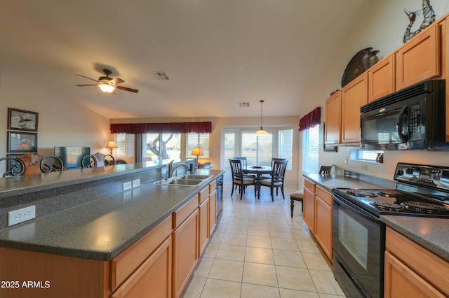 kitchen featuring ceiling fan, sink, black appliances, pendant lighting, and light tile patterned floors