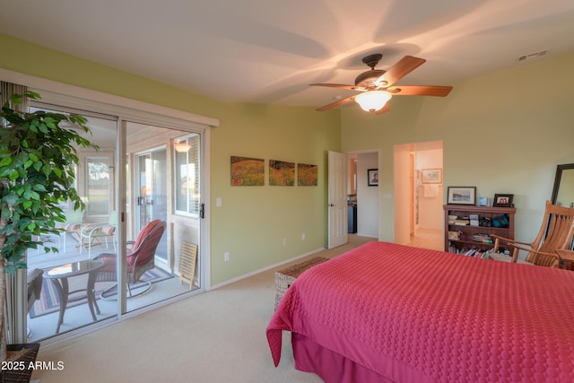 bedroom featuring carpet, access to outside, and ceiling fan