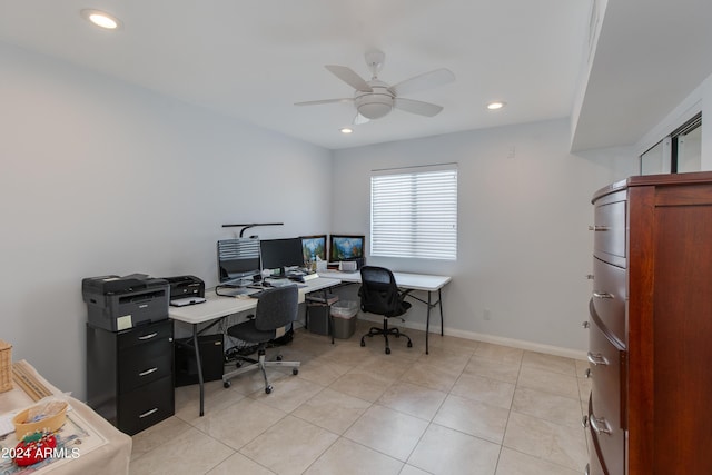 home office featuring a ceiling fan, recessed lighting, baseboards, and light tile patterned floors