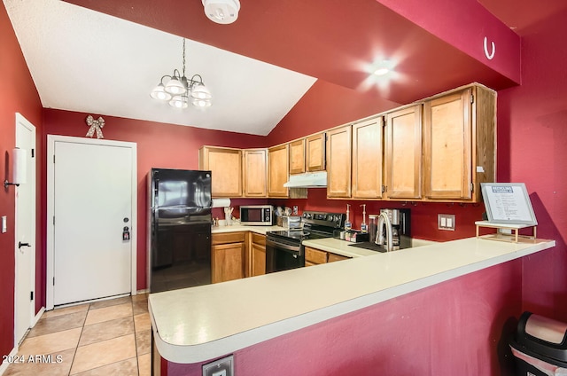 kitchen with pendant lighting, an inviting chandelier, black appliances, vaulted ceiling, and kitchen peninsula