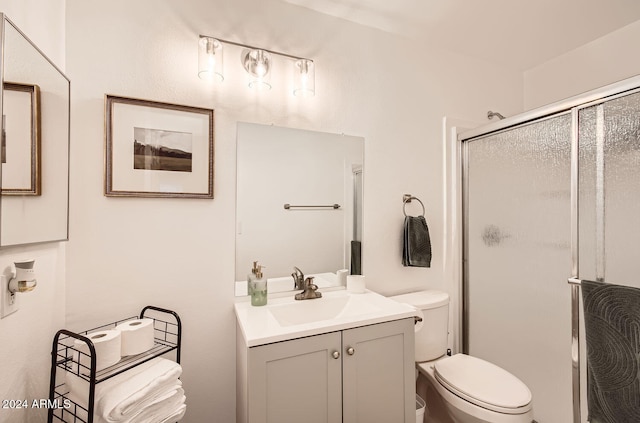 bathroom with vanity, toilet, and a shower with shower door