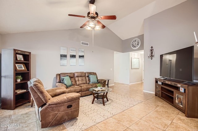 living room with ceiling fan, light tile patterned flooring, and high vaulted ceiling