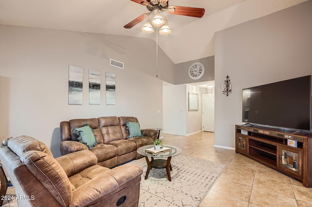 living room featuring light tile patterned floors, high vaulted ceiling, and ceiling fan