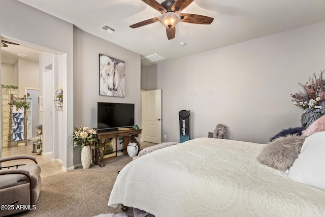 bedroom featuring baseboards, carpet, a ceiling fan, and visible vents