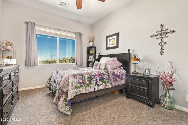 bedroom with carpet floors, a ceiling fan, baseboards, and visible vents