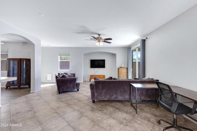 living room featuring ceiling fan