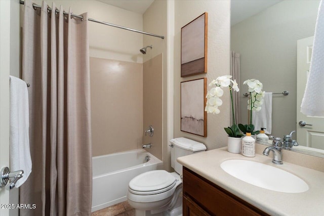 full bathroom featuring shower / bath combination with curtain, vanity, toilet, and tile patterned floors