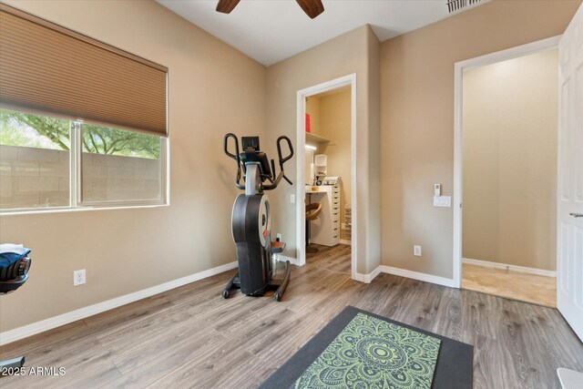 27308 N 56th Dr, Phoenix, AZ 85083 - workout room with ceiling fan, wood finished floors, and baseboards