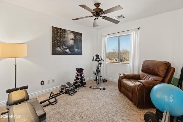 workout room featuring carpet, visible vents, ceiling fan, and baseboards