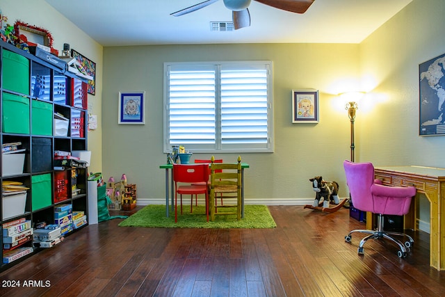 office space featuring hardwood / wood-style flooring and ceiling fan