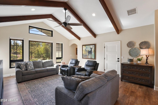 living room featuring beamed ceiling, ceiling fan, high vaulted ceiling, and dark hardwood / wood-style flooring