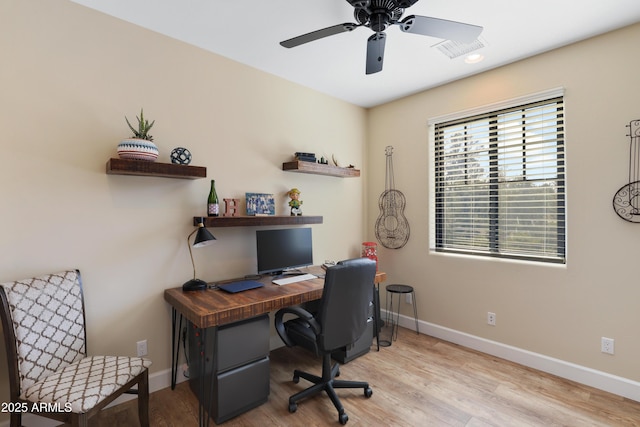 office area featuring ceiling fan and light hardwood / wood-style floors