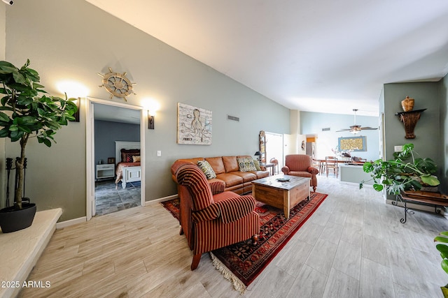 1500 N Markdale Unit 68, Mesa, AZ 85201 - living area with light wood finished floors, ceiling fan, and high vaulted ceiling