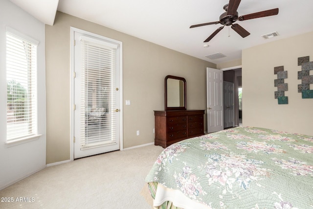 bedroom with access to exterior, visible vents, baseboards, carpet floors, and a ceiling fan