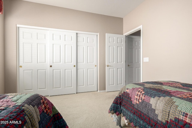 bedroom with a closet and light carpet