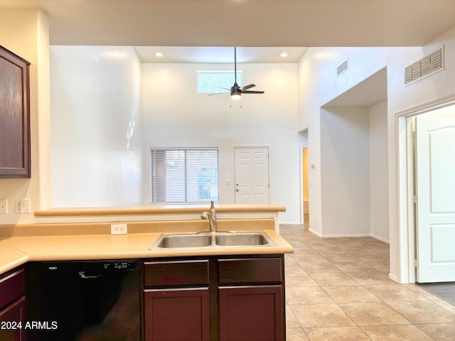 kitchen with dishwasher, a high ceiling, sink, ceiling fan, and light tile patterned floors