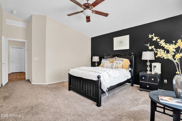 2738 E Silversmith Trl, San Tan Valley, AZ 85143 - bedroom featuring carpet floors, vaulted ceiling, baseboards, and a ceiling fan
