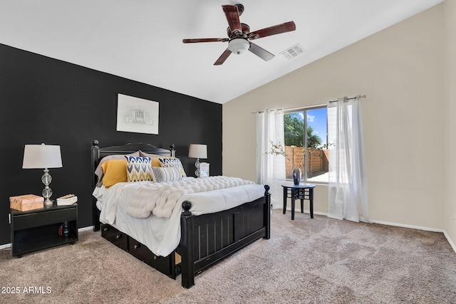 2738 E Silversmith Trl, San Tan Valley, AZ 85143 - bedroom with lofted ceiling, carpet, baseboards, and a ceiling fan
