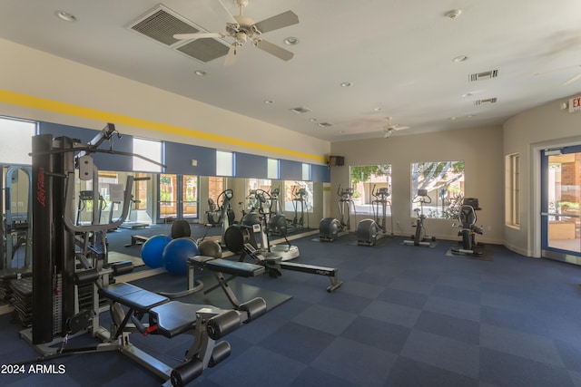 workout area featuring ceiling fan