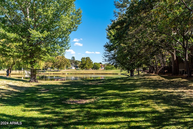 view of property's community featuring a water view and a lawn