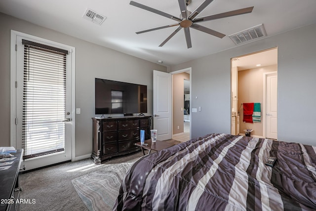 carpeted bedroom featuring access to outside and ceiling fan