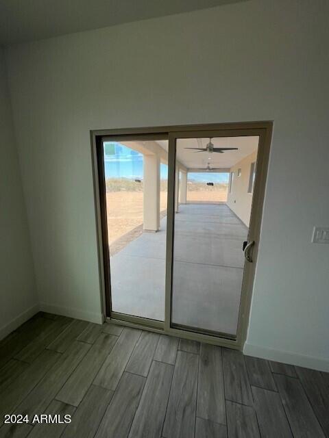 entryway featuring ceiling fan, a healthy amount of sunlight, and wood-type flooring