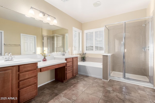 full bathroom with vanity, a stall shower, and a bath