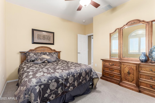 bedroom with visible vents, carpet, ceiling fan, and baseboards