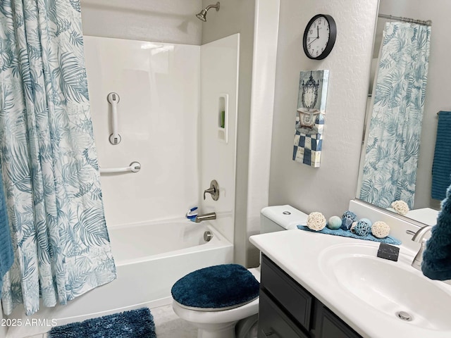 full bathroom with shower / bath combination with curtain, vanity, and toilet