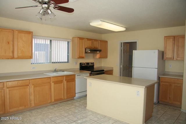 kitchen with a kitchen island, under cabinet range hood, white appliances, a ceiling fan, and a sink