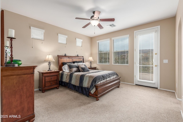 bedroom with visible vents, light carpet, ceiling fan, access to outside, and baseboards