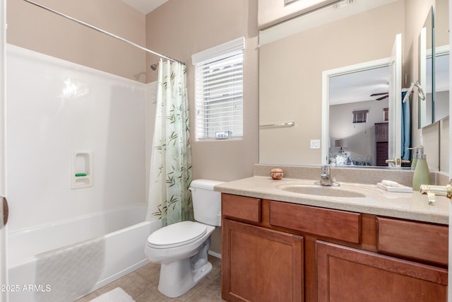 bathroom with shower / bath combination with curtain, toilet, vanity, ensuite bath, and tile patterned flooring