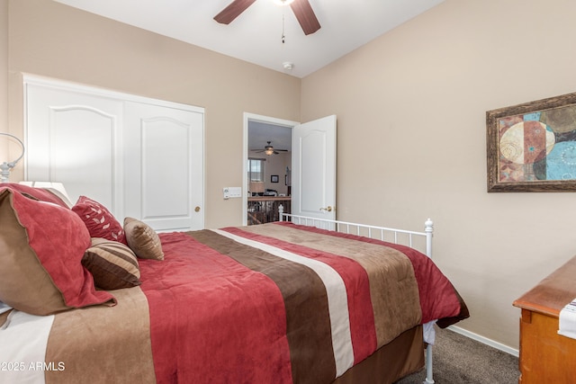 carpeted bedroom featuring ceiling fan, a closet, and baseboards