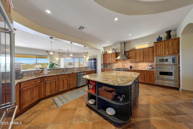 kitchen featuring open shelves, stainless steel appliances, visible vents, a sink, and wall chimney range hood