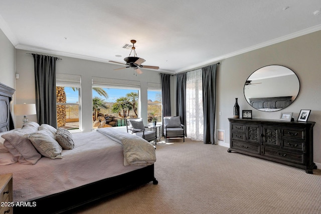 bedroom featuring visible vents, ceiling fan, access to exterior, crown molding, and carpet floors