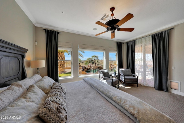 bedroom with carpet, visible vents, crown molding, and ceiling fan