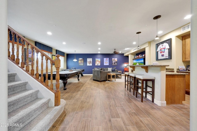 rec room featuring pool table, wood tiled floor, visible vents, and recessed lighting